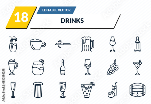 drinks icons set - planter's punch, cappuccino, drip, tomato juice, cask outline vector collection.