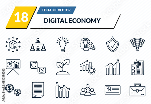 digital economy icons set - distribution, organization, light bulb, checkbook, briefcase outline vector collection.