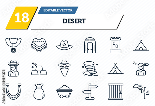 desert icons set - horse saddle, poncho, sheriff hat, jail, desert landscape outline vector collection.