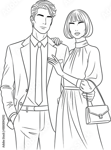 Stylish couple dressed in fashionable formal attire stands closely together for a sophisticated portrait illustration perfect for coloring pages.