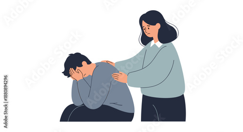 A compassionate woman offers comfort and support to a sad, depressed man, illustrating empathy and mental health awareness.