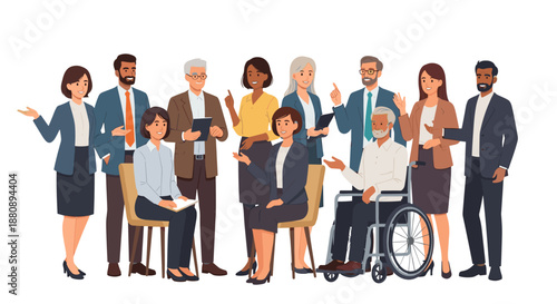 Diverse group of business professionals and colleagues from various backgrounds collaborating and engaging in a productive team meeting.