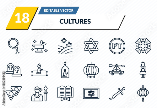 cultures icons set - beads, blacksmith, tuscany, scimitar, paper lantern outline vector collection.