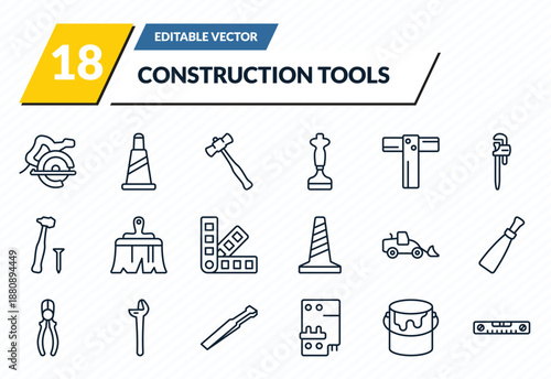 construction tools icons set - carpenter cutter, traffic cone, sledge hammer, open paint bucket, plumb rule tool outline vector collection.