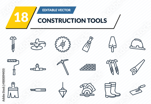 construction tools icons set - screw, polishers, blade saw, rubber boots, trowel outline vector collection.