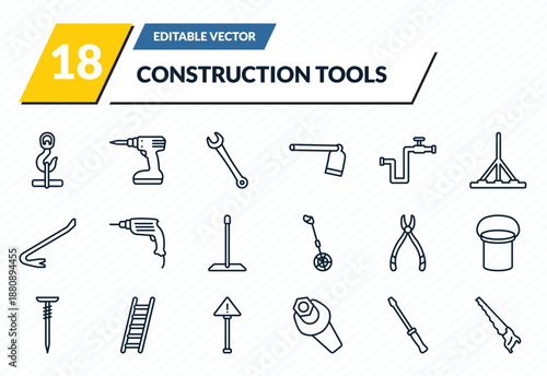 construction tools icons set - hook with cargo, cordless drill, garage wrench, repair screwdriver, hand saw outline vector collection.