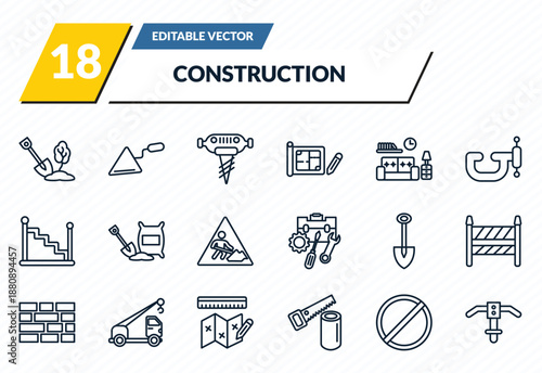 construction icons set - big shovel, construction palette, pickaxes drilling, stopping, inclined picker outline vector collection.