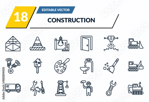 construction icons set - joist, road stopper, construction plan, round wrench, backhoes outline vector collection.