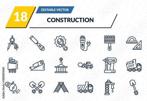 construction icons set - drawing compass, chisel, wrench and gear, derrick facing right, short shovel outline vector collection.
