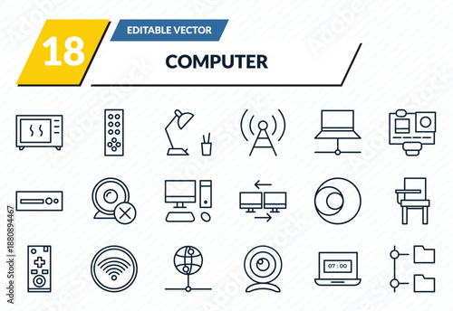 computer icons set - device, tv remote, study lamp, morning work, connected folder data outline vector collection.