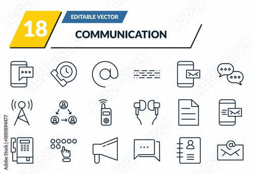 communication icons set - mobile chat, time call, arroba, contacts, emails outline vector collection.
