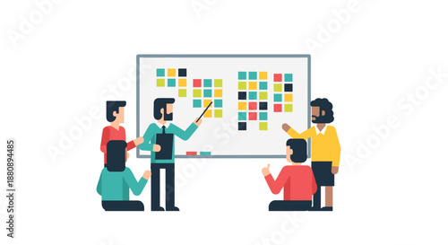 A diverse team of professionals collaborates on a project, utilizing a whiteboard filled with colorful sticky notes for brainstorming and task management.