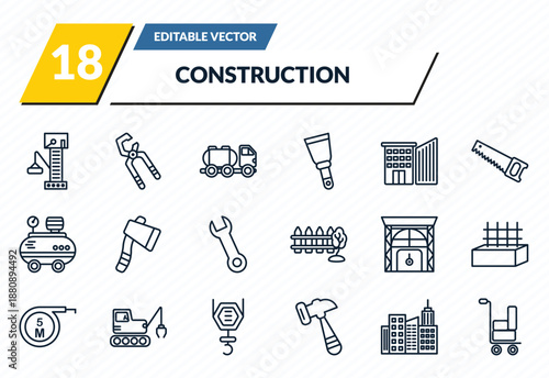 construction icons set - big derrick with boxes, big clippers, tank truck, , trolley with cargo outline vector collection.