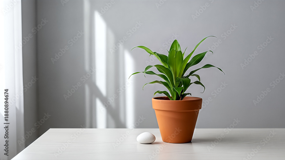 Fototapeta premium A potted plant on a white table with natural light and shadows from a window