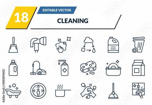 cleaning icons set - dustpan, garden hose, neat, plunger, cleaning window outline vector collection.
