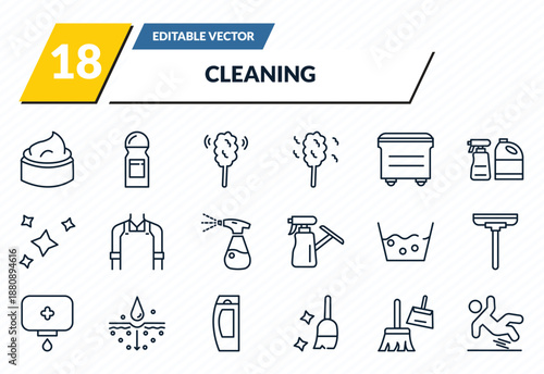cleaning icons set - cream, deodorizer, duster, cleaning tools, slippery outline vector collection.