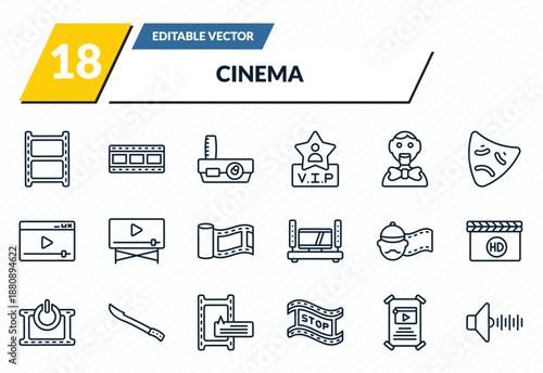 cinema icons set - photograms, film, slide projector, film poster, sound effect outline vector collection.