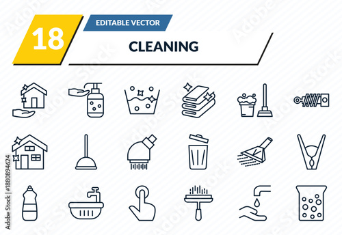 cleaning icons set - clean-living, hand washing, soak, hand wash, hard water outline vector collection.