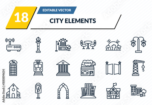 city elements icons set - gat, street lamp, motel, city hall, apartment outline vector collection.