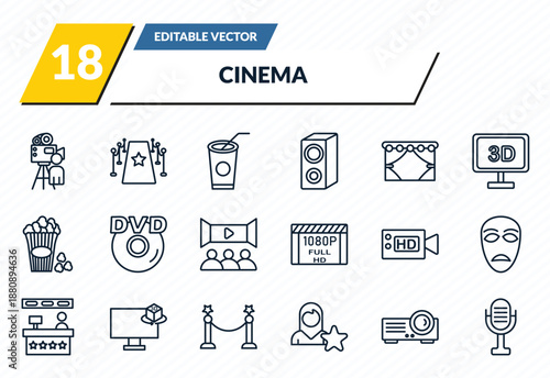 cinema icons set - cameraman, red carpet, papper cup with straw, image projector, movie microphone outline vector collection.