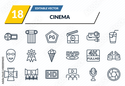 cinema icons set - film reel playing, theatre pillar, parental guidance, studio mic, camera lens outline vector collection.