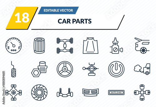 car parts icons set - car fuel gauge, car oil filter, chassis, numberplate, wheel brace outline vector collection.