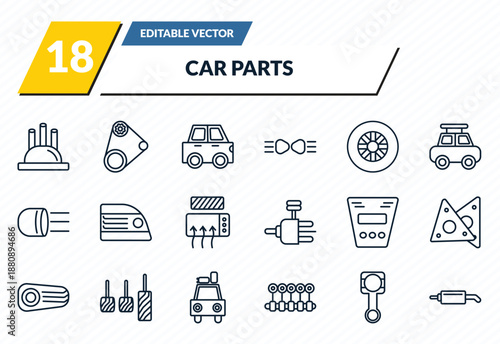 car parts icons set - car distributor cap, car fan belt, hard top, connecting rod, silencer outline vector collection.