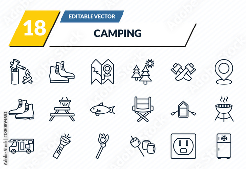 camping icons set - firewood, boots shoes, map, outlet, freezer outline vector collection.