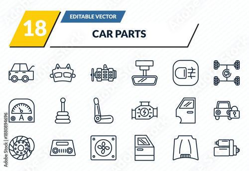 car parts icons set - car taiate, car brake pad, alternator, hood, starter outline vector collection.