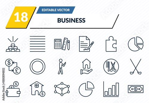 business icons set - stack of gold, lines, maths tool, bar diagram, dollar bills outline vector collection.