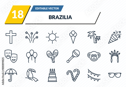 brazilia icons set - lent, fireworks, sun, garlands, sun glasses outline vector collection.