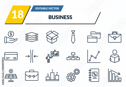 business icons set - finance, stack, empty box, address book, deficit outline vector collection.