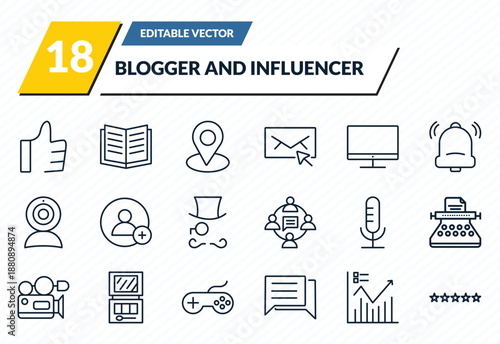 blogger and influencer icons set - like, literature, placeholder, statistics, rating outline vector collection.