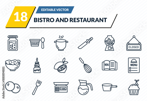 bistro and restaurant icons set - jar full of food, yogurt with spoon, boiling water pan, lateral pan, cupcake with cherry outline vector collection.