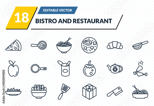 bistro and restaurant icons set - pepperoni pizza, restaurant fried egg, spaghetti bolognese, butcher knife, plate of spaghetti outline vector collection.