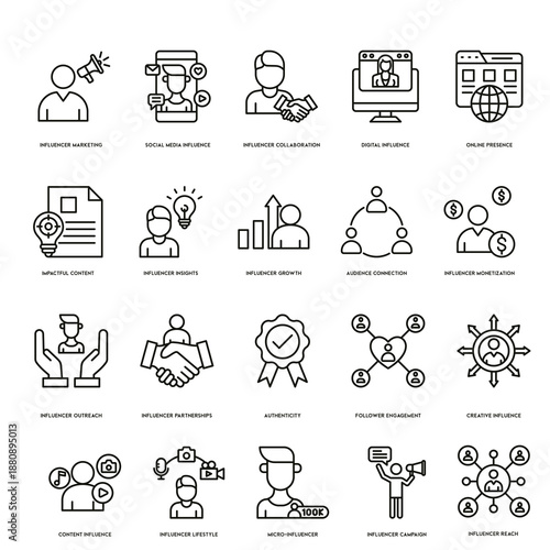 Influencer icon set illustrating social media marketing, content creation, and digital promotion.