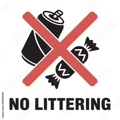 A visual warning sign stating "no littering" with icons of a soda can and candy wrapper crossed out