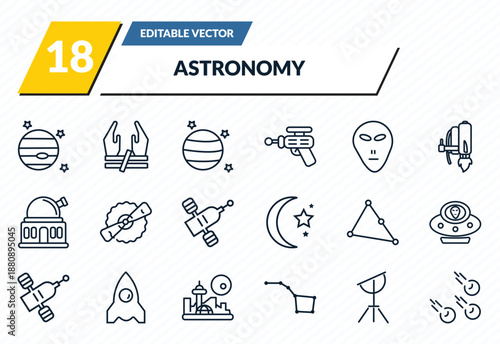 astronomy icons set - venus with satellite, abduction, uranus with satellite, dioptra, meteorites outline vector collection.