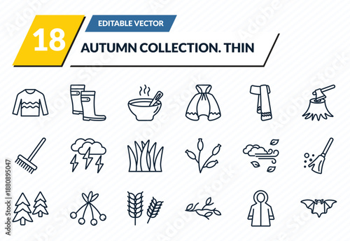 autumn collection. thin icons set - sweater, rain boots, soup, raincoat, bat outline vector collection.