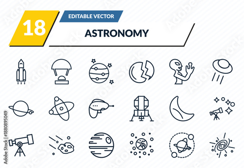 astronomy icons set - space shuttle, capsule parachute, jupiter with satellite, planets, supernova outline vector collection.