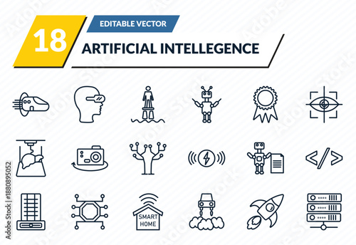 artificial intellegence icons set - hyperloop, oculus rift, flyboard, rocket, servers outline vector collection.