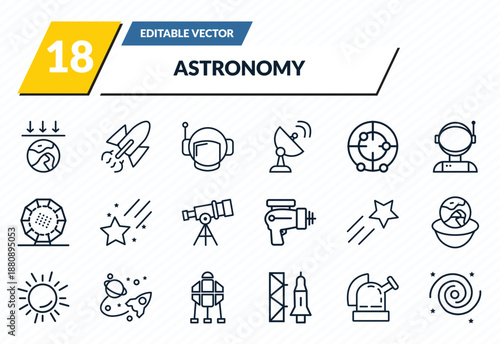 astronomy icons set - aerosphere, liftoff, astranaut helmet, observatory, nebula outline vector collection.