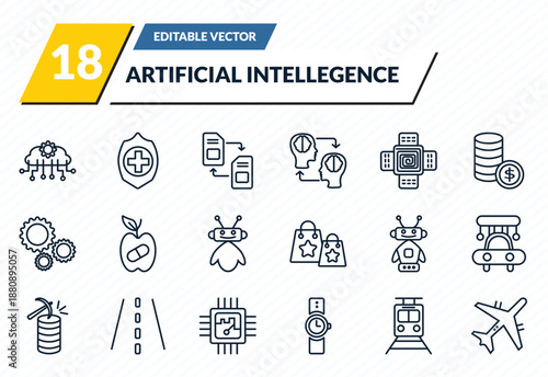 artificial intellegence icons set - cloud intelligence, healthcare, memory transfer, train, aeroplane outline vector collection.