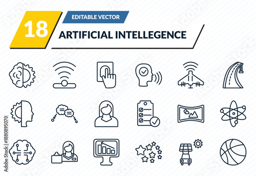 artificial intellegence icons set - deformity, infrared, biometrics, solar energy car, ball outline vector collection.