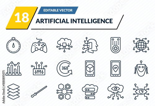 artificial intelligence icons set - velocity, game control, cloud computing, visualization, eye tap outline vector collection.