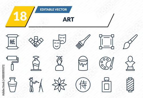 art icons set - chinese paper writing, ches, act, bottle of perfume, cylindrical lamp outline vector collection.