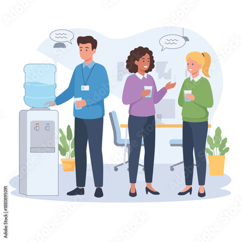 Colleagues chatting at office water cooler