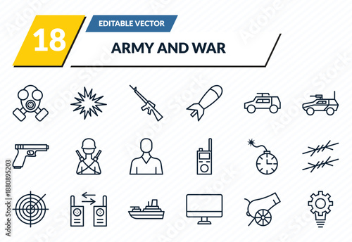army and war icons set - gas mask, bomb detonation, automatic gun, canon, strategy outline vector collection.
