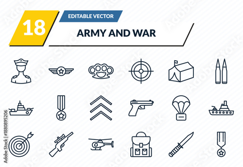army and war icons set - officer, air force, knuckle, combat knife, veteran outline vector collection.