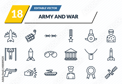 army and war icons set - fighter plane, dynamite, barbed, in, military satellites outline vector collection.